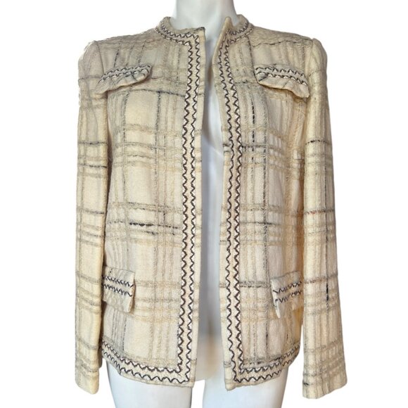 I Magnin & Co Jackets & Blazers - I Magnin & Co Cream & Black Plaid Wool Womens Tweed Blazer Jacket With Front Poc
